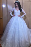 Robe de mariée a ligne Col en V Étoilé Couvert de Dentelle Tulle Manche Aérienne