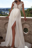 Robe de mariée Col U Profond Chiffon Elégant Longue Gaze Ouverture Frontale