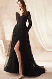 Robe de Soirée Longue A-ligne Manche Longue Appliques Tulle Formelle