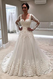 Robe de mariée Manche Longue Col en V Foncé Zip A-ligne Petites Tailles