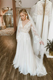 Robe de mariée Dos nu Col en V Tulle Manche Aérienne Traîne Courte