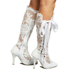 Bottes creuses Bottes hautes en dentelle sexy sur le genou Talon aiguille Bottes pour femmes de mariage