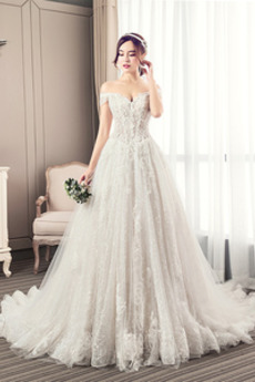 Robe de mariée Longue Perle Elégant Épaule Dégagée Chaussez A-ligne