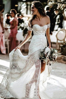 Robe de mariée Manche Courte Épaule Dégagée Zip Manche de T-shirt