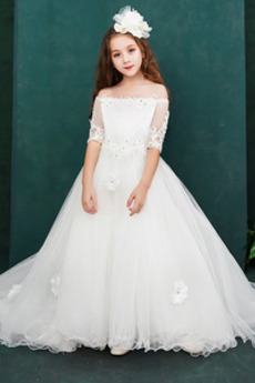 Robe Cortège Fille Tulle Chic aligne Orné de Rosette Perle Épaule Dégagée