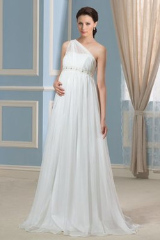 Robe de mariée semi-couverte Maternité Epurée Plage Épaule Asymétrique