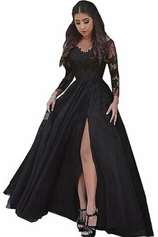 Robe de Soirée Longue A-ligne Manche Longue Appliques Tulle Formelle