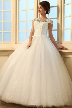 Robe de mariée Dentelle Col ras du Cou Formelle Lacet Manche Courte