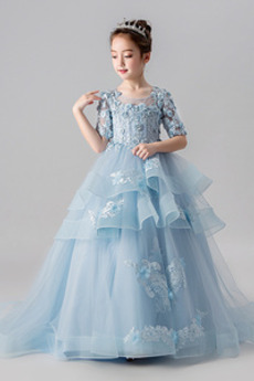 Robe Cortège Fille Tulle Longue Col ras du Cou Manche Courte Couvert de Dentelle