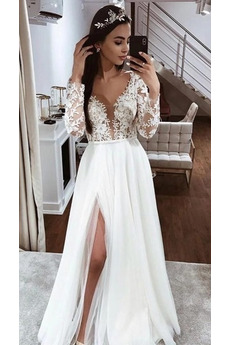 Robe de mariée Thigh-High Slit Elégant Manche Aérienne Couvert de Dentelle