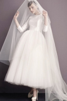 Robe de mariée Tulle Médium Au Drapée Col ras du Cou Simple Longueur Mollet