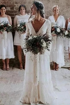 Robe de mariée Col en V Manche Lâche Longue Printemps A-ligne Naturel taille