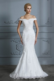 Robe de mariée Sirène Manche Courte Longue Mince Épaule Dégagée