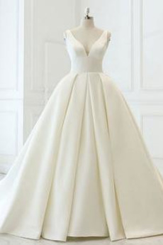 Robe de mariée Longue Col en V Foncé Salle A-ligne Col en V Satin