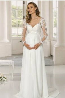 Robe de mariée Grossesse Manche Aérienne Milieu dos Col en V Manche Longue