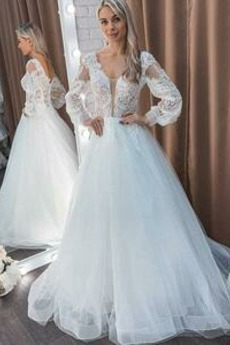 Robe de mariée Tulle Col en V Chaussez Norme Pittoresque Longueur ras du Sol