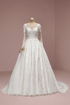 Robe de mariée Manche Longue Col ras du Cou Longue Lacet Manche Aérienne