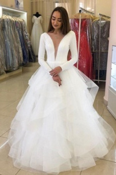 Robe de mariée Manche Longue Norme Naturel taille Col en V Tulle Chapelle