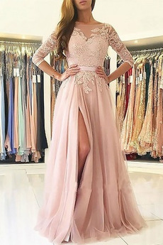 Robe de Soirée Tulle Epurée aligne Manche Longue Épaule Dégagée