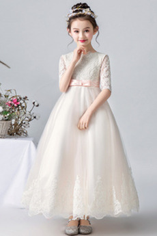 Robe Cortège Fille Tulle Longueur Cheville Naturel taille Nœud à Boucles