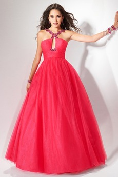 Robe de Bal Sans Manches Perle Cerise Fourreau pli Encolure Trou de Serrure