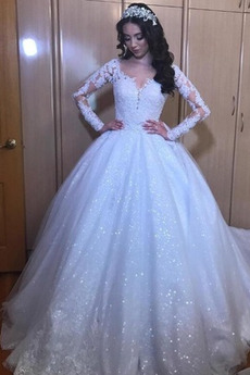 Robe de mariée a ligne Col en V Étoilé Couvert de Dentelle Tulle Manche Aérienne