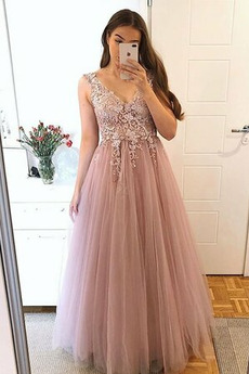 Robe de Soirée Tulle Couvert de Dentelle Col en V Été Appliquer Col en V Foncé