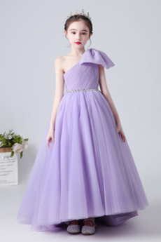 Robe Cortège Fille Tulle Orné de Nœud à Boucle Épaule Asymétrique Longueur au sol