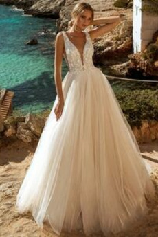 Robe de mariée A-ligne Longue Col en V Naturel taille Appliques Sans Manches