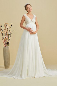 Robe de mariée Empire Appliques Longue Mousseline de soie Col en V