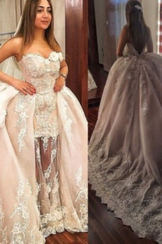 Robe de mariée Dos nu Organza Longue Col en Cœur Elégant Sans Manches