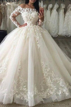 Robe de mariée Manche Longue Eglise Naturel taille Longue Épaule Dégagée