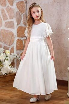Robe Cortège Fille Dentelle Longueur Cheville Chiffon Manquant Manche Courte
