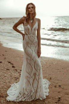 Robe de mariée Sirène Traîne Courte Elégant Col en V Plage Sans Manches