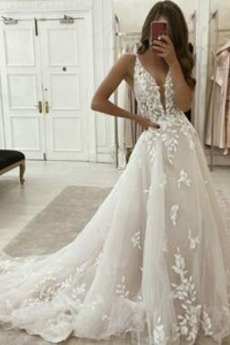 Robe de mariée Tulle Plage Longue Formelle Col en V Foncé a ligne