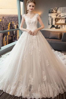 Robe de mariée Appliquer Hiver Longue Couvert de Dentelle Col en V