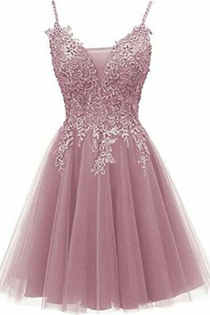 Robe de Cocktail Lacez vers le haut aligne Luxueux Automne Tulle Bretelles Spaghetti