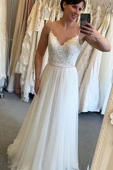 Robe de mariée Longueur ras du Sol Naturel taille Col en V Foncé A-ligne