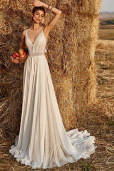 Robe de mariée Naturel taille a ligne Sans Manches Col en V Elégant