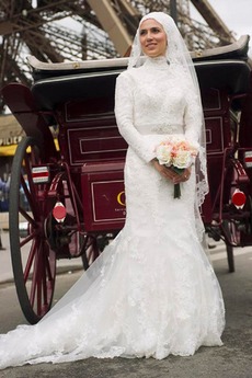 Robe de mariée Manche Longue Col haut Avec voile Haute Couvert