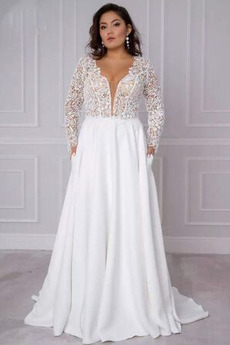 Robe de mariée Manche Longue aligne Col en V Au Drapée Formelle Zip