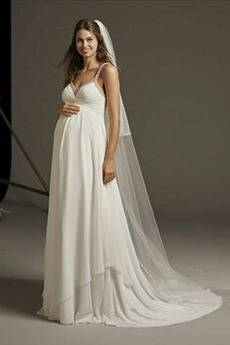 Robe de mariée Larges Bretelles Col en V Foncé Chiffon Luxueux Traîne Courte
