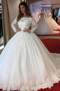 Robe de mariée Épaule Dégagée Sage A-ligne Chapelle Zip Traîne Moyenne