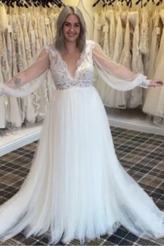 Robe de mariée Manche Longue Tulle Col en V Manche Aérienne Naturel taille