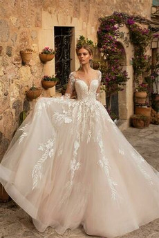 Robe de mariée Manche Longue Col en V Foncé Manche Aérienne A-ligne