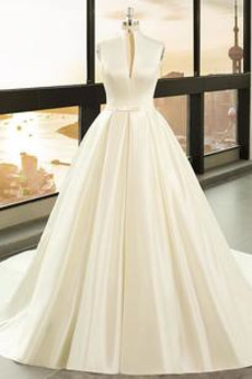 Robe de mariée Naturel taille Satin Eglise Col en V Nœud à Boucles