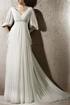 Robe de mariée Corsage plissé Train de petit Col en V Vintage