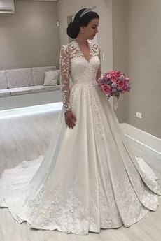 Robe de mariée Manche Longue Elégant Fermeture éclair Col en V Foncé