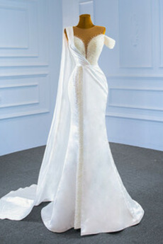 Robe de mariée Perles Longue Automne Fourreau Avec Bijoux Col Asymétrique