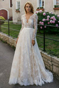 Robe de mariée Manche Longue Col en V Automne Chic Tissu Dentelle